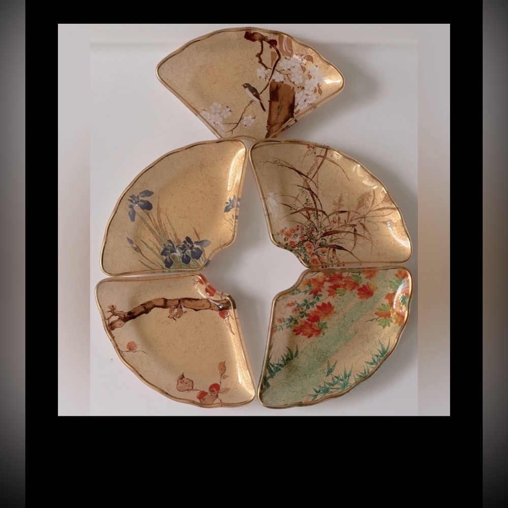 Vintage Japanese Flowers of the 4 Seasons 24K Trim Fused Glass Platters 5 Pieces